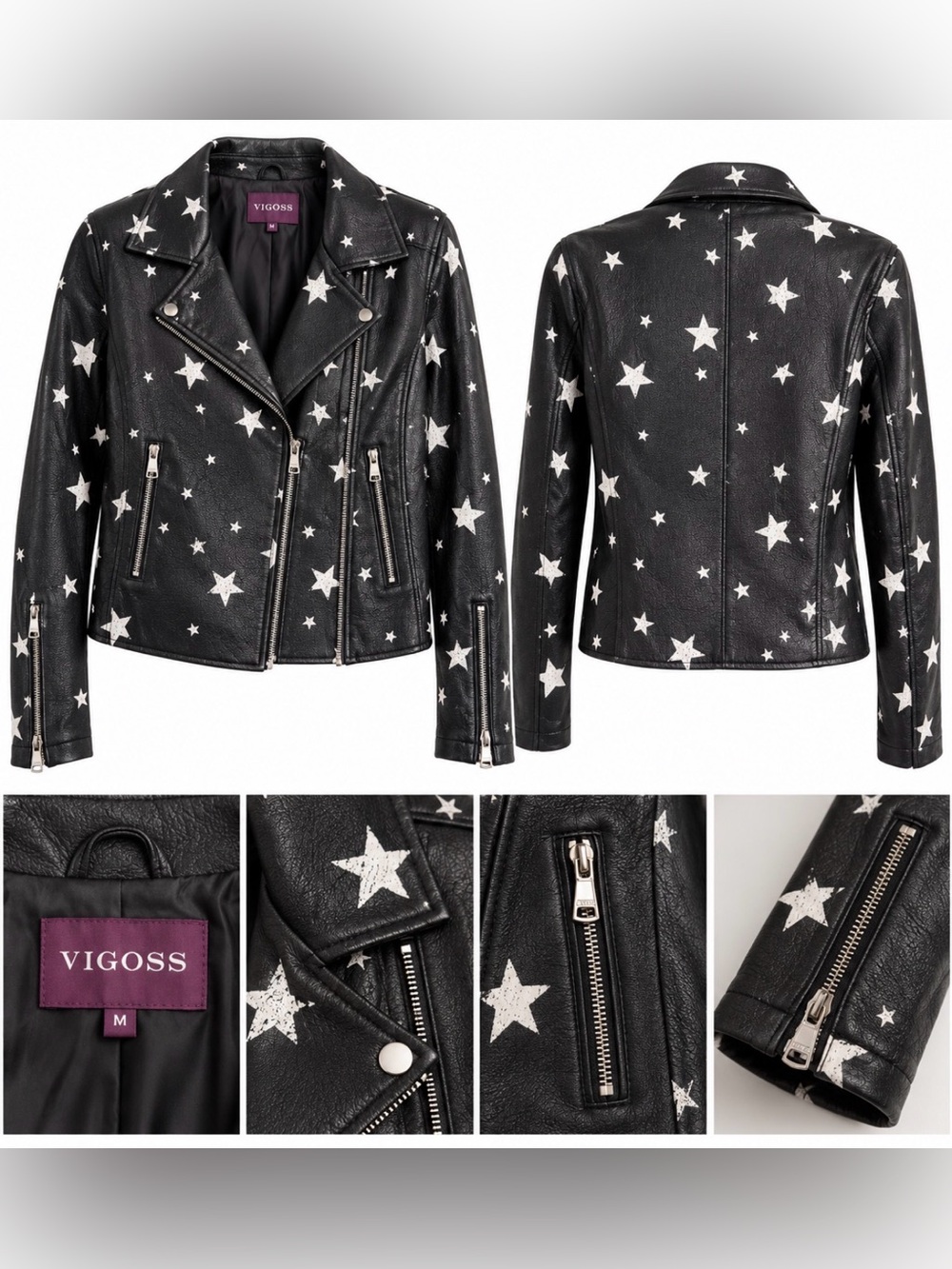 Vigoss Women’s M Black Faux Leather Moto Jacket White Star Print NWT